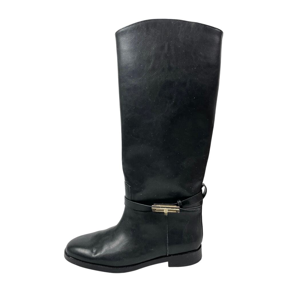 H&M Women's Black Strap Round Toe Low Block Heels Knee High Riding Boots 38 US 7